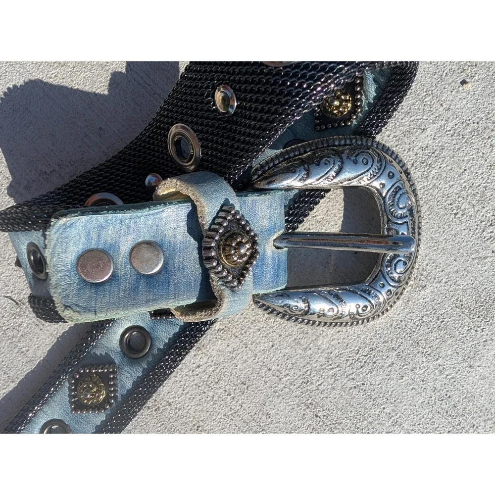 Embellished Blue Metallic Women's Fashion Belt with Ornate Silver Buckle